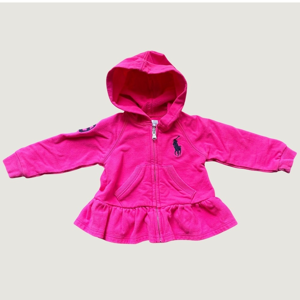 Polo Ralph Lauren Baby‎ Girls Pink Ruffle Peplum Full Zip Hoodie 6M Hot Pink